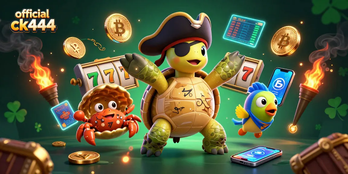 Experience the excitement of official ck444 with vibrant characters, slot reels, and crypto coins.