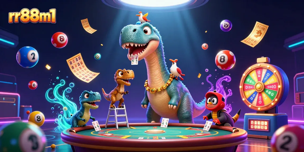 Experience rr88m1 in this vibrant casino scene featuring dynamic lottery elements and a tall brontosaurus.
