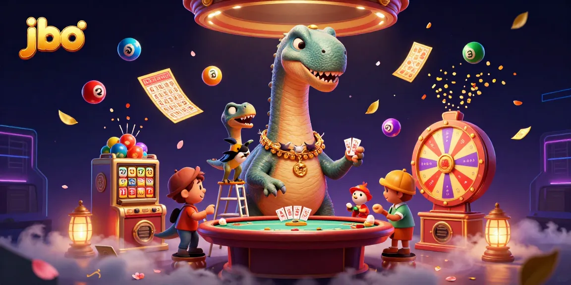 Experience the excitement of jbo casino with dynamic game elements featuring a cartoon dinosaur dealer.