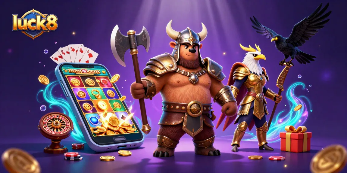 Experience big wins with luck8 at this dynamic 3D casino illustration of a Viking and Valkyrie amidst slot games.