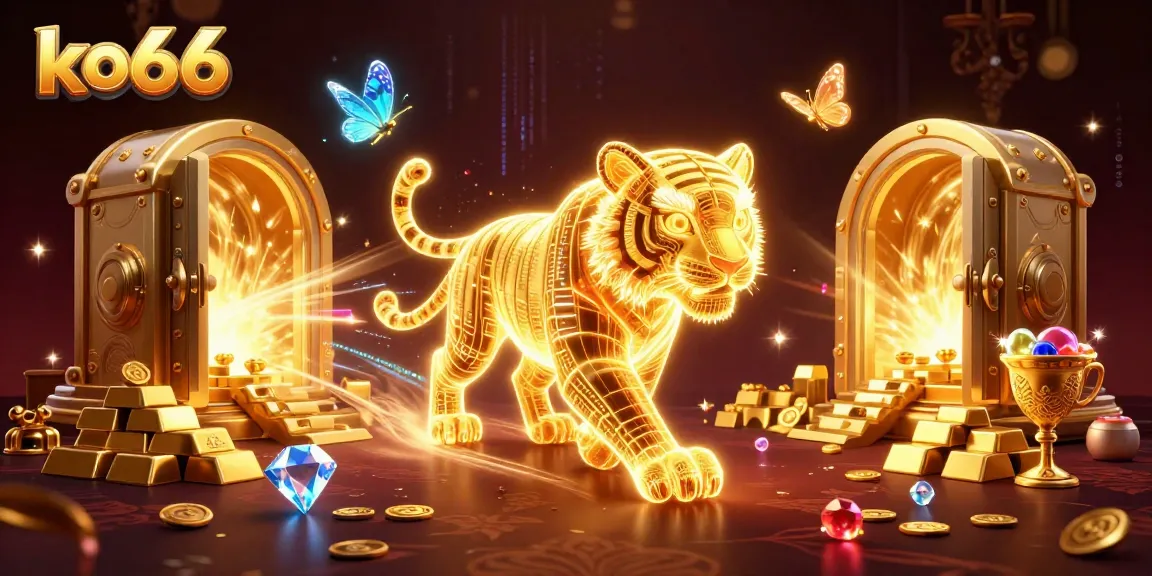 Experience thrilling gameplay at ko66 with a neon-wireframe tiger in a vibrant casino setting.