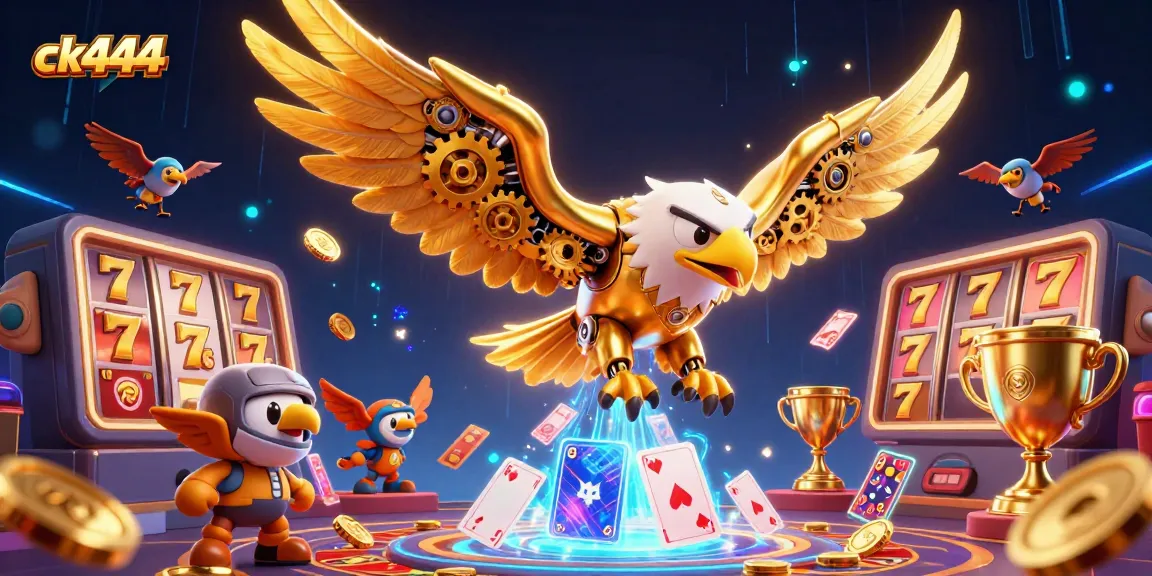 Spin the reels at ck444 Casino with an action-packed illustration of a golden eagle and vibrant game elements.