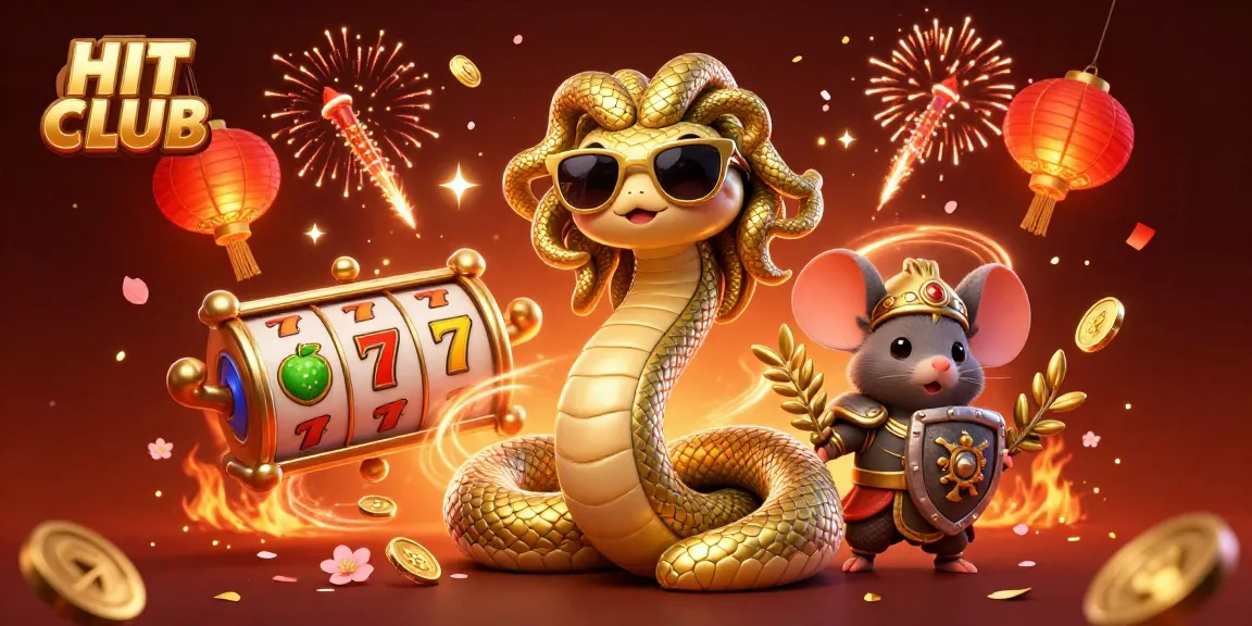 Engage with the HIT CLUB's vibrant casino scene, featuring Medusa and a warrior mouse playing slots.