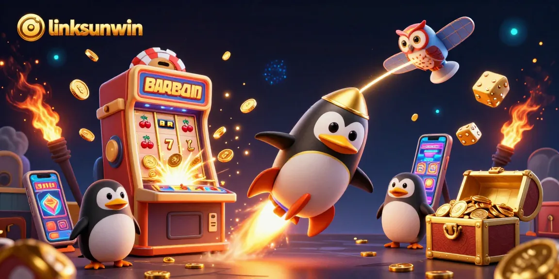 Join the adventure to linksunwin with the golden penguin and casino excitement in this vibrant illustration.