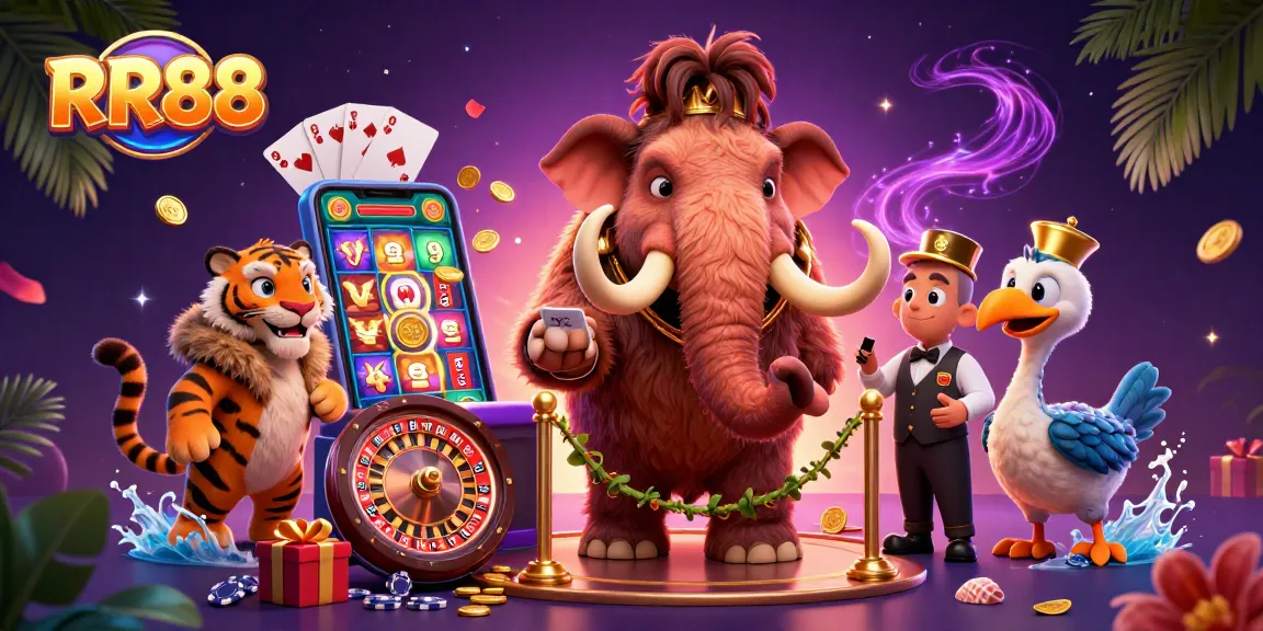 Engage with RR88's exciting online gaming experience surrounded by vibrant casino elements.
