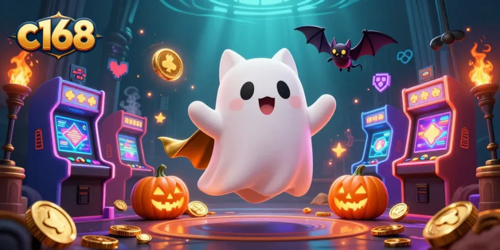 Experience the thrilling world of gaming at c168 with a ghost cat and poker-themed elements.
