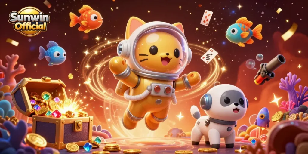 Experience engaging games with Sunwin Official in a lively 3D illustration featuring an astronaut cat and robot dog.