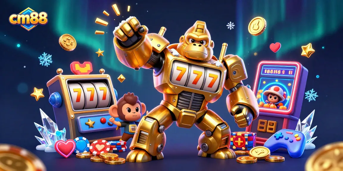 Experience thrilling winning spins with cm88's golden gorilla mech amidst a vibrant casino scene.