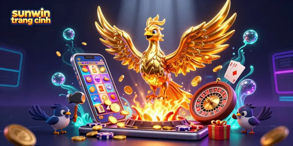 Experience the vibrant excitement of sunwin trang chính with a golden phoenix and casino elements.