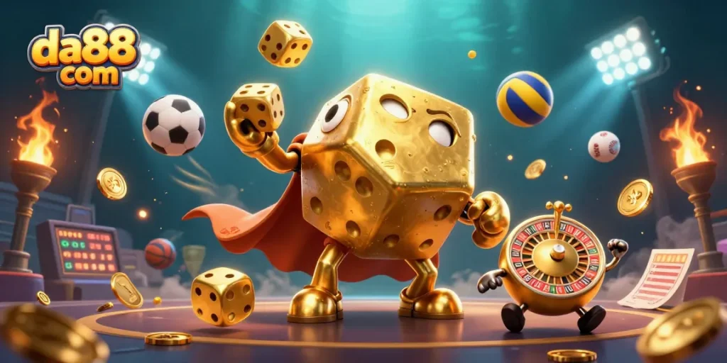 Place bets with da88 com featuring a golden dice golem and dynamic sports elements.