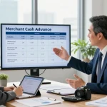Illustrative comparison of merchant cash advance vs loan in a business meeting setting, highlighting discussions on financing options.