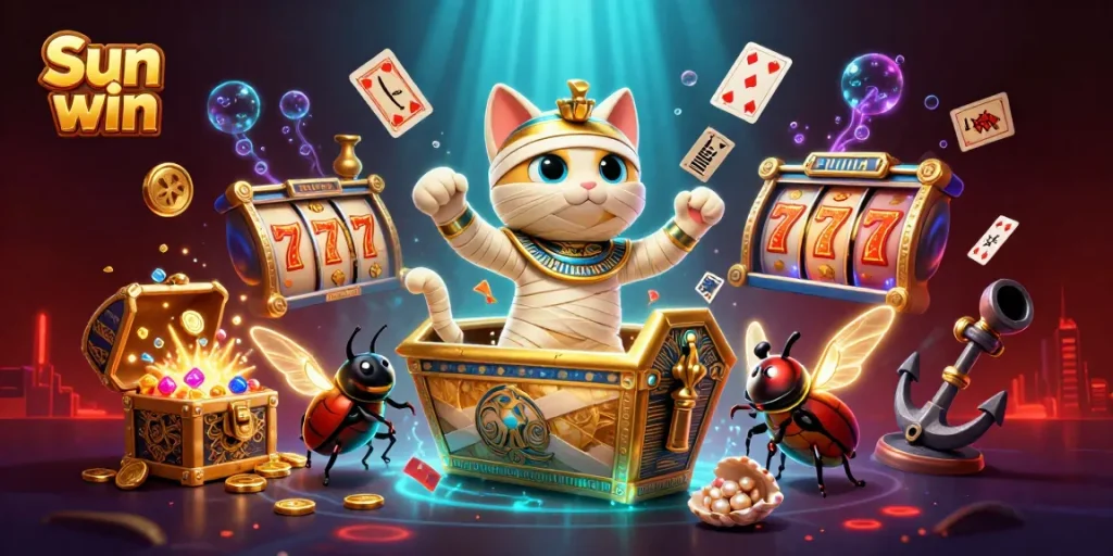 Win big at Sun win with a vibrant 3D casino scene featuring an Egyptian mummy cat and treasure galore.