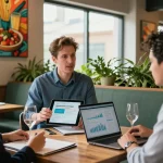 Discussing merchant cash advance for restaurants in a vibrant dining setting.