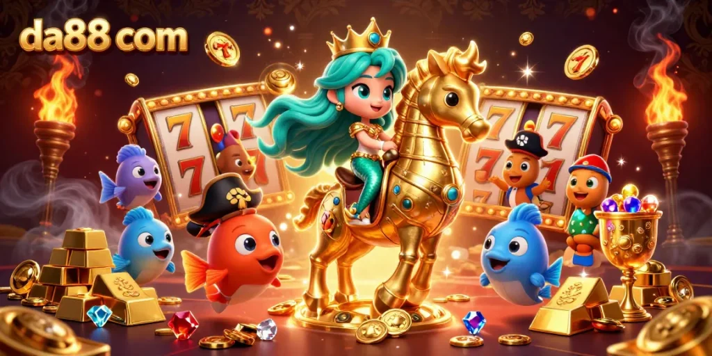 Experience da88 com with a vibrant 3D casino scene featuring playful mermaids and treasures.