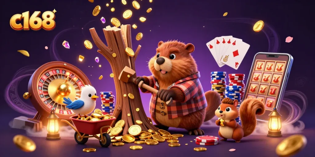 Experience the excitement of c168 with a beaver collecting coins in a vibrant online casino atmosphere.