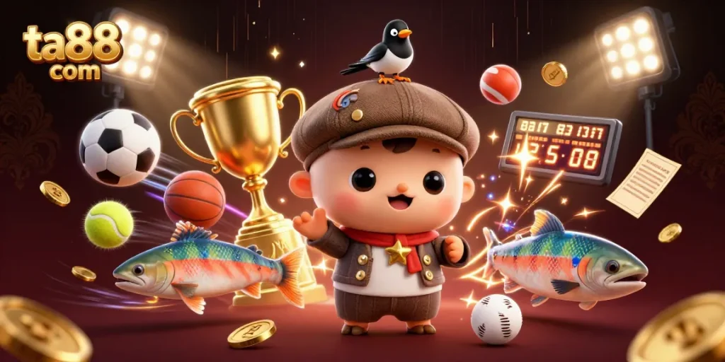 Place bets at ta88 com while enjoying a lively scene with Nessie and sports elements!