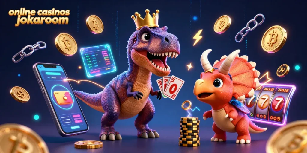 Experience the excitement of online casinos jokaroom with a card-playing T-Rex and crypto elements in a vibrant scene.