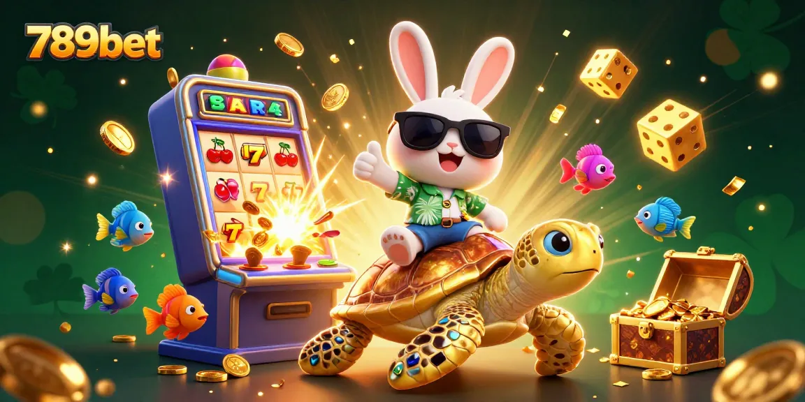 Experience vibrant gameplay with the 789bet lucky rabbit and golden turtle in a tropical casino scene.