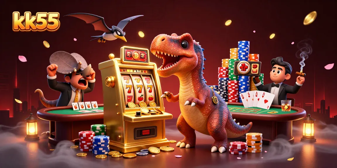 kk55 jackpot scene featuring cartoon dinosaurs and vibrant casino elements