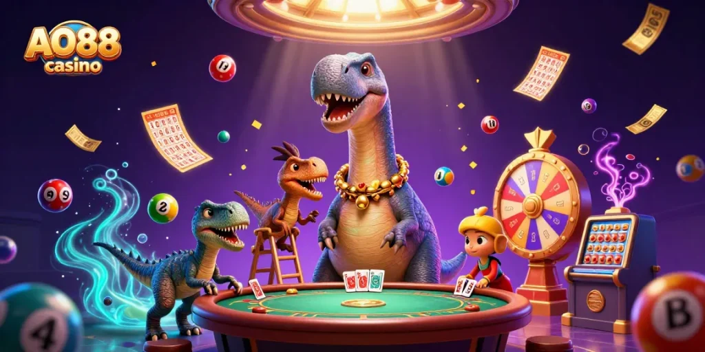 Experience the excitement of AO88 casino with vibrant animated elements and a whimsical dinosaur theme.