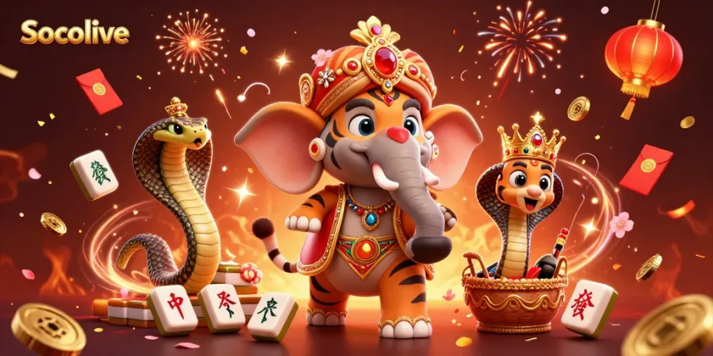 Socolive sports gambling excitement depicted with a vibrant 3D scene of a maharaja tiger, jewel-encrusted elephant, and festive elements.