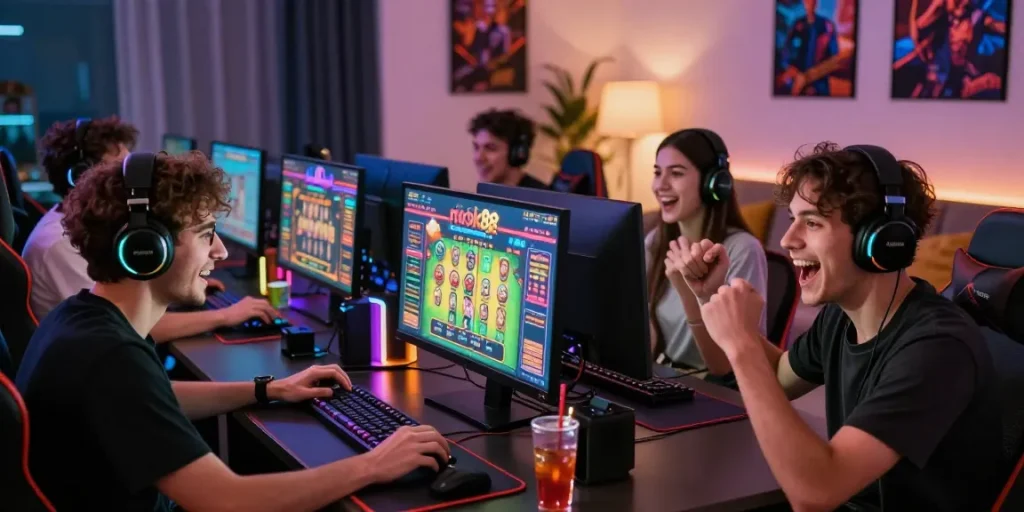 Friends enjoying rokok88 gaming together in a vibrant living room.