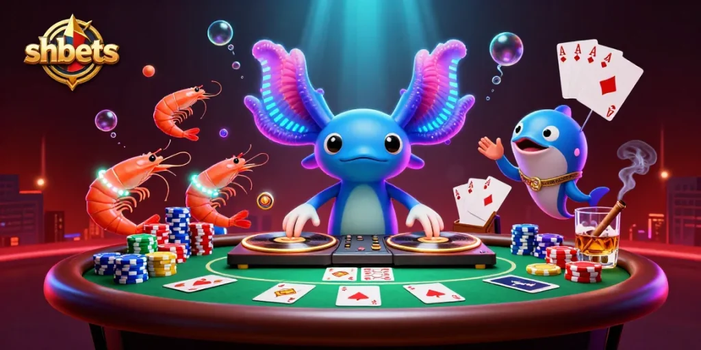 Beatbox with shbets axolotl DJ and shrimp dancers at a vibrant poker scene.