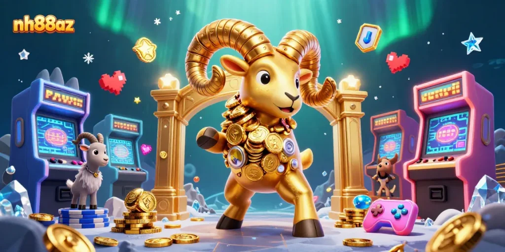 Experience the dynamic world of nh88az casino with vibrant characters and gaming elements surrounding a golden ram.