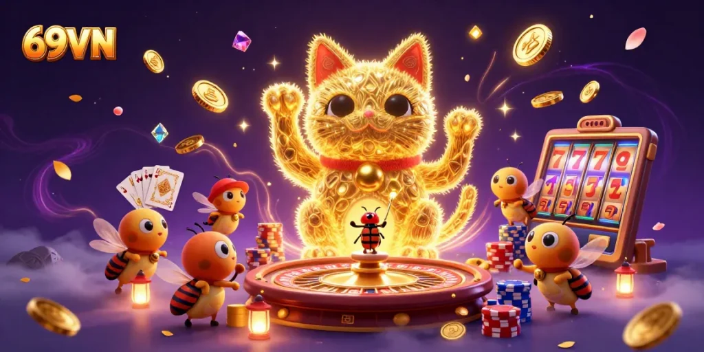 Experience the lively world of 69VN with golden fireflies and a lucky cat amidst a casino spectacle.